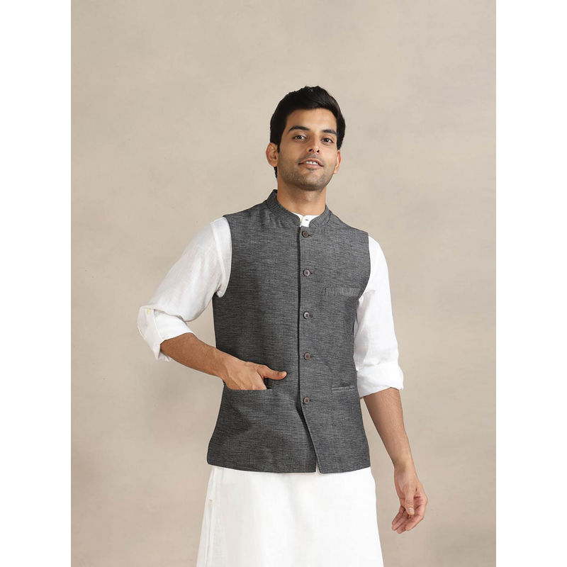 Fabindia Men Grey Cotton Slim Fit Nehru Jacket (L)