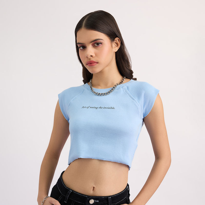 Mixt By Nykaa Fashion Blue Round Neck Graphic Crop Top (XS)
