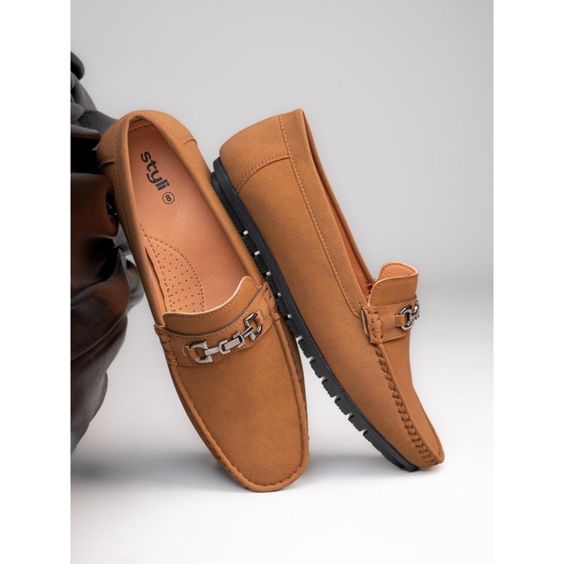 Styli Men Faux Suede Tan Loafers with Buckle Detail (UK 9)