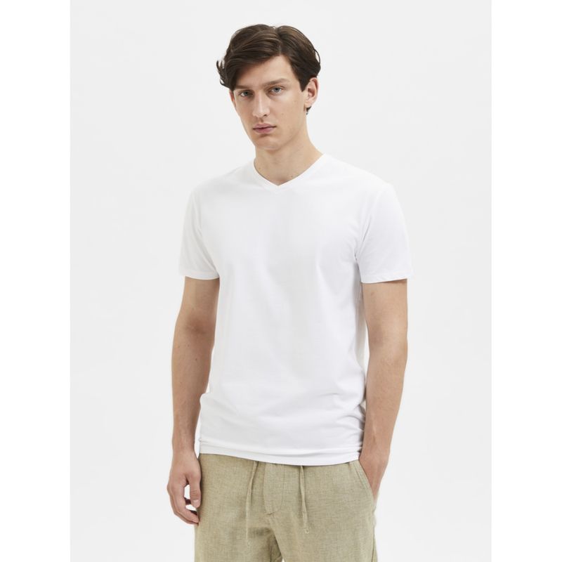 Buy SELECTED HOMME White Organic Cotton V-Neck T-shirt Online