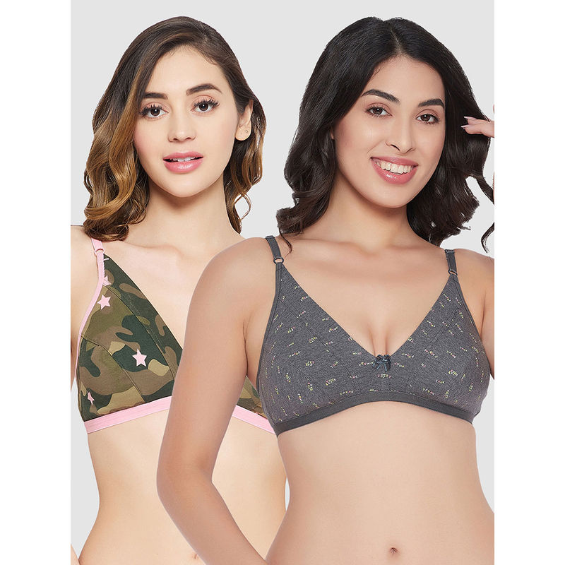 Clovia Pack Of 2 Cotton Non-Padded Non-Wired Demi Cup Camouflage Print Plunge Bra- Multi-Color (32C)