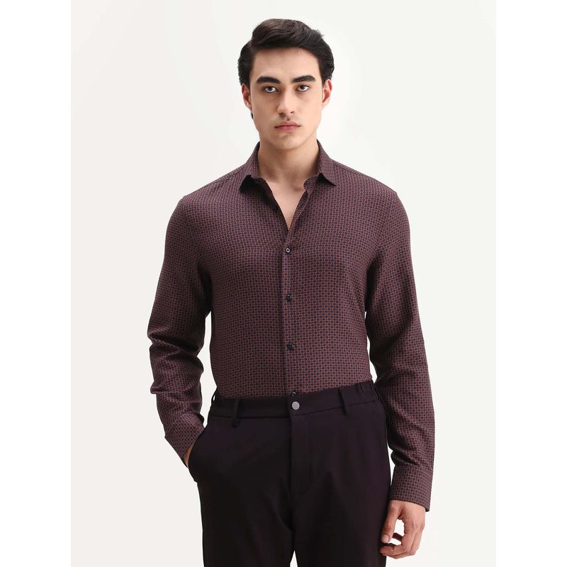 Rare Rabbit Men'S Juxe Dark Red Spread Collar Regular Fit Textured Shirt (S)