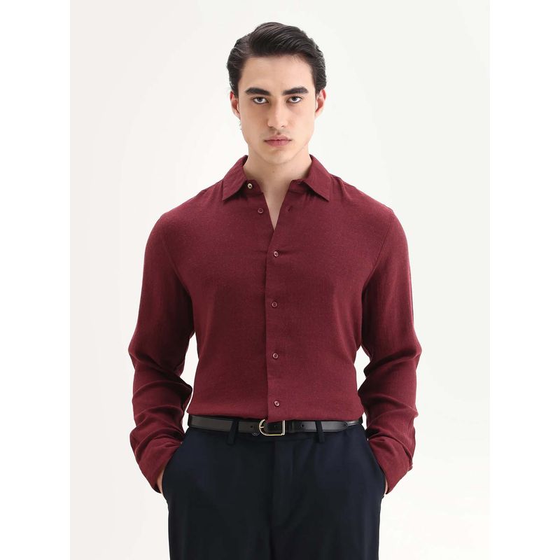 Rare Rabbit Men'S Layt Red Cotton Blend Fabric Spread Collar Regular Fit Plain Shirt (S)