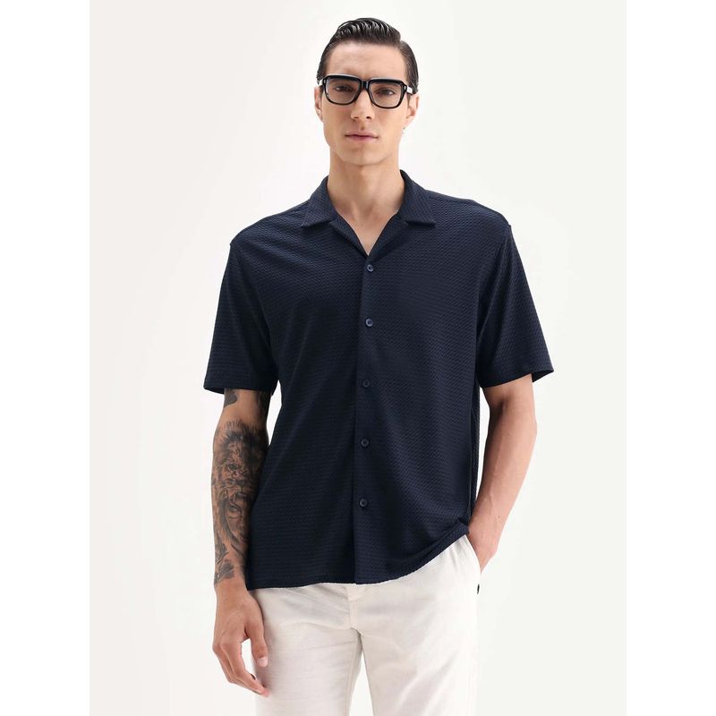 Rare Rabbit Premium Relaxed Fit Party Jacquard Shirt-Navy Blue (M)