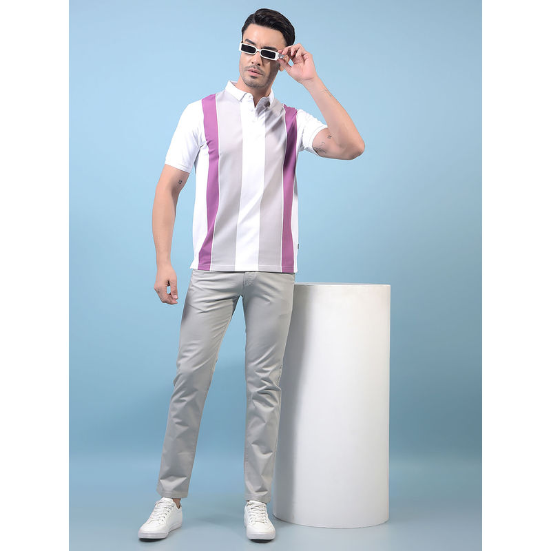 CRIMSOUNE CLUB Men White Horizontal Stripes Polo T-Shirt (S)