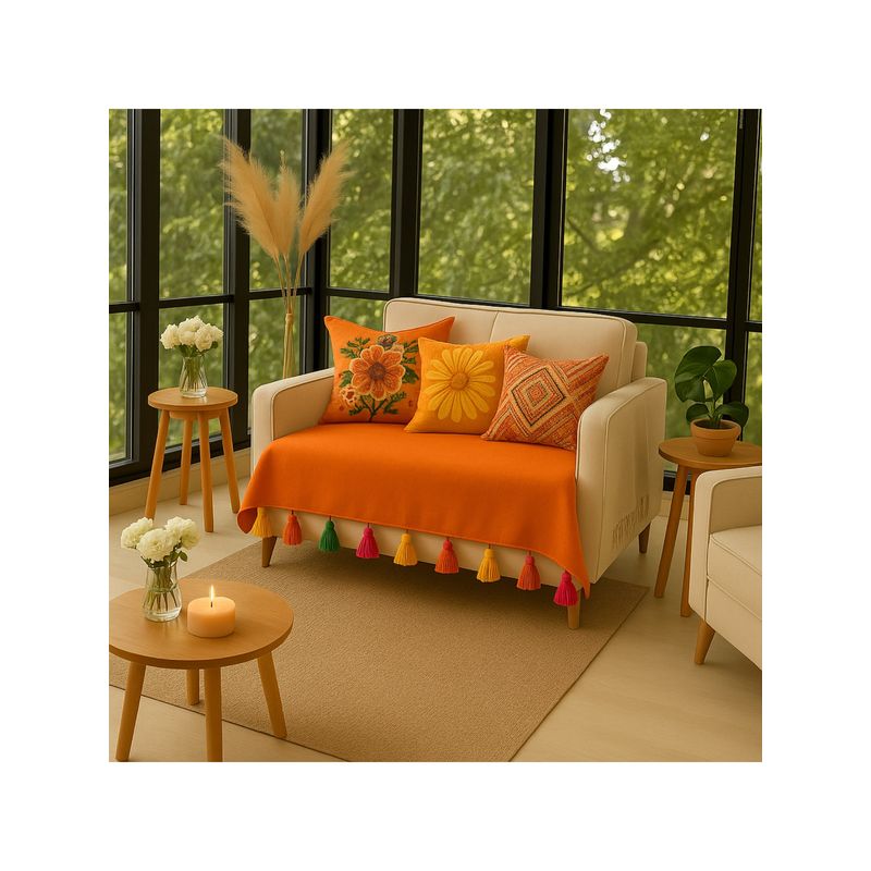 THROW PILLOW Orange with Multicolour Tassels Sofa Cover 65X65 Cm (1 Seater)