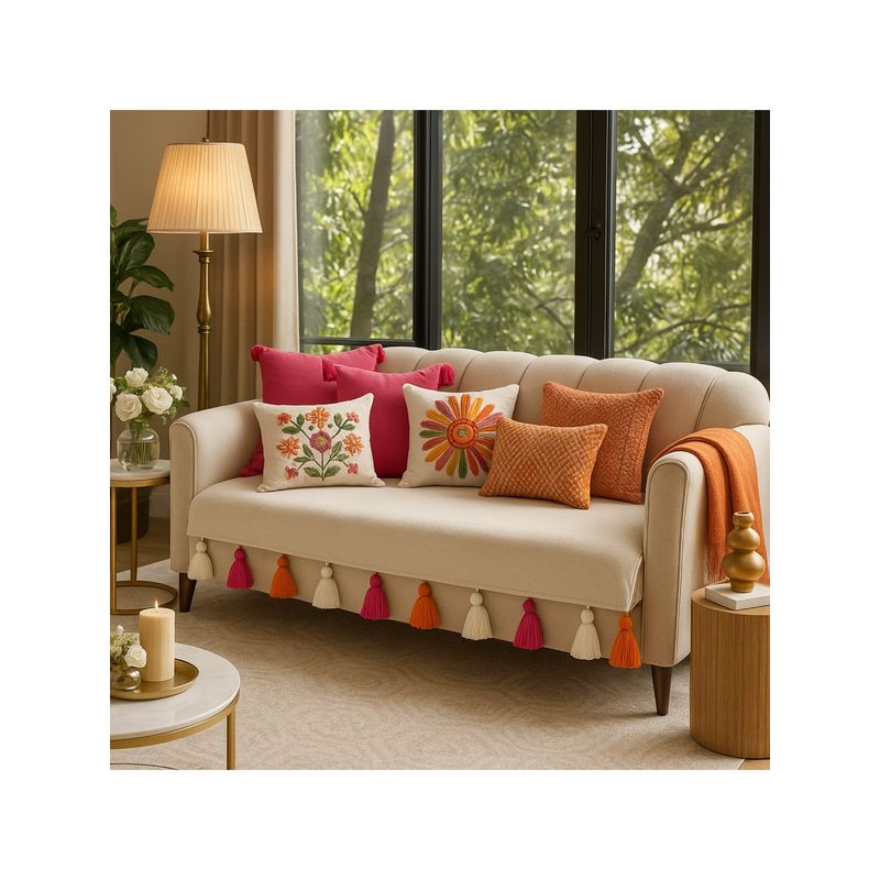 THROW PILLOW Neutral with Offwhite, Magenta and Orange Tassels Sofa Cover 170X65 Cm (3 Seater)