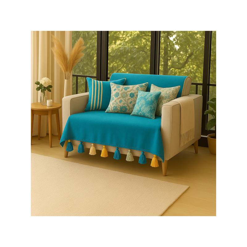 THROW PILLOW Cerulean Blue with Yellow, White &Blue Tassels Sofa Cover 65X130 Cm (1 Seater)