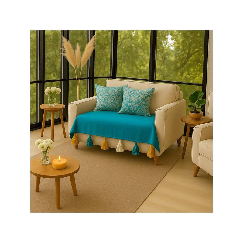 THROW PILLOW Cerulean Blue with Yellow, White &Blue Tassels Sofa Cover 65X65 Cm (1 Seater)