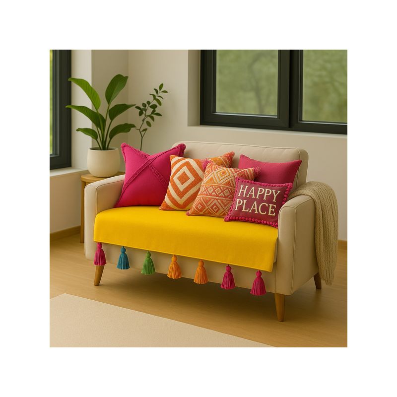 THROW PILLOW Yellow with Multicolour Tassels Sofa Cover 65X65 Cm (1 Seater)