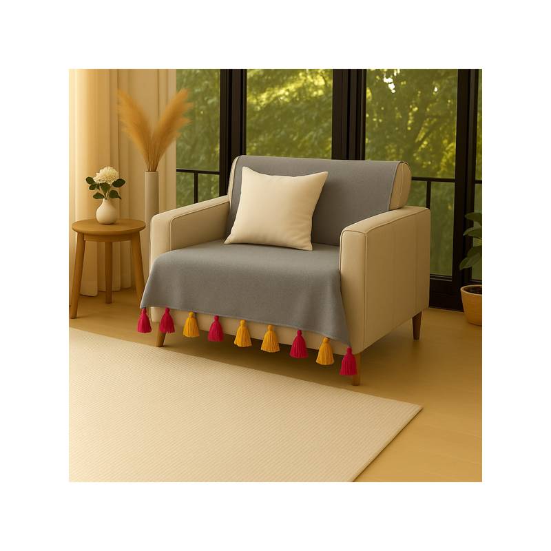 THROW PILLOW Light Grey with Magenta and Yellow Tassels Sofa Cover 65X130 Cm (1 Seater)