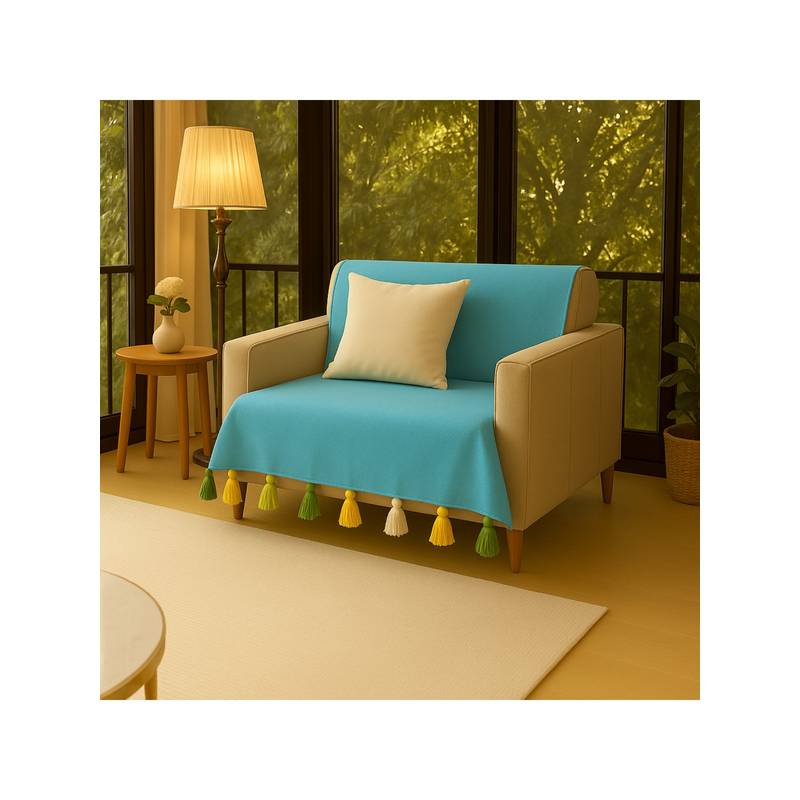 THROW PILLOW Turquoise Blue With Yellow, White &Blue Tassels Sofa Cover 65x130 cm (1 Seater)