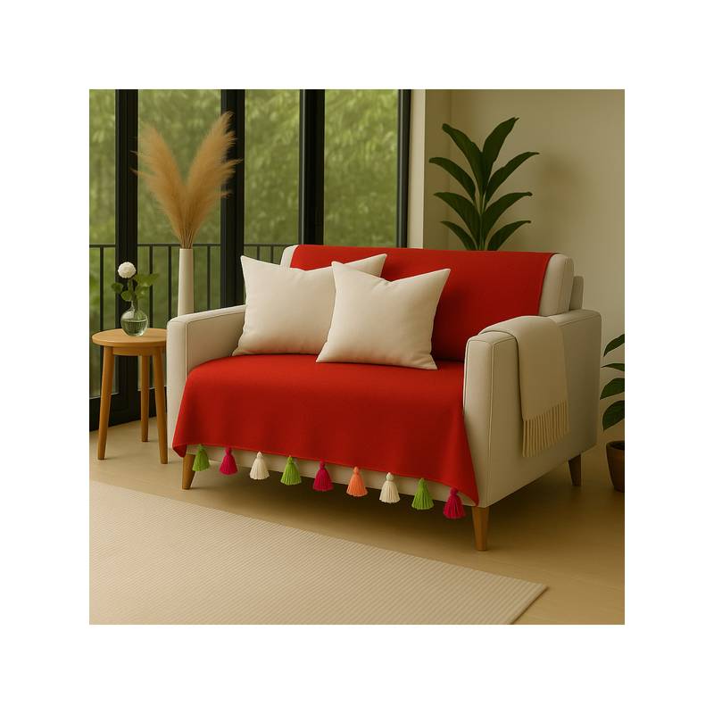 THROW PILLOW Red With White, Green and Pink Tassels Sofa Cover 65x130 cm (1 Seater)