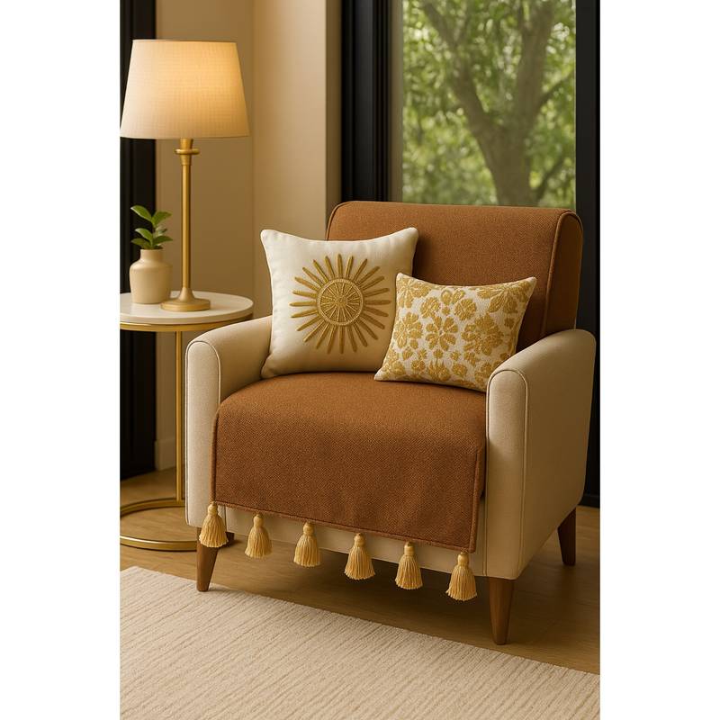 THROW PILLOW Almond Brown With Tan Tassels Sofa Cover 65x130 cm (1 Seater)