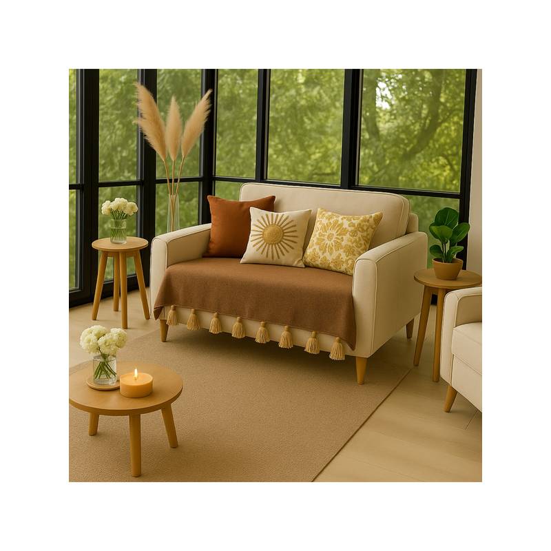 THROW PILLOW Almond Brown With Tan Tassels Sofa Cover 65x65 cm (1 Seater)