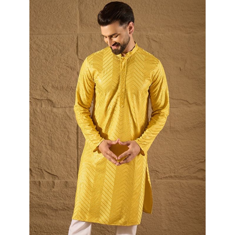 ETHNIC BAY Men Yellow Viscose Rayon Embroidered Straight Kurta (S)