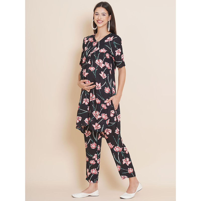 Mine4Nine Womens Black Straight Rayon Maternity Kurta with Pajama (Set of 2) (XL)