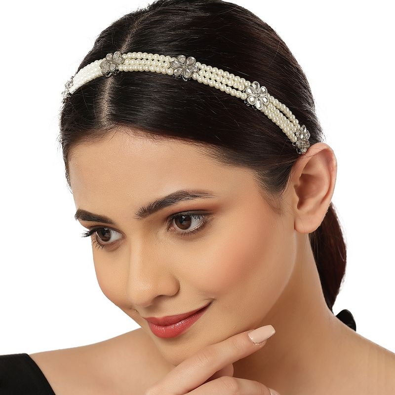 Karatcart Pearl Embedded Oxidised Silver Beaded Kundan Hairband Buy Karatcart Pearl Embedded