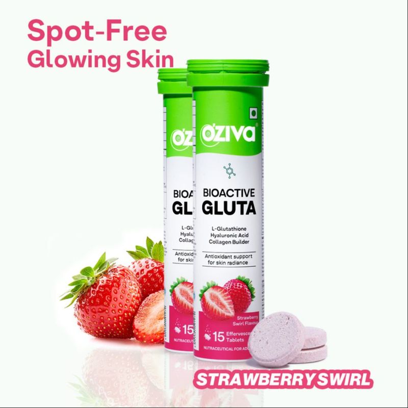 OZiva Bioactive Gluta Fizzy (L-Glutathione), Reduce Cellular Damage on Skin - Strawberry (Pack of 2)