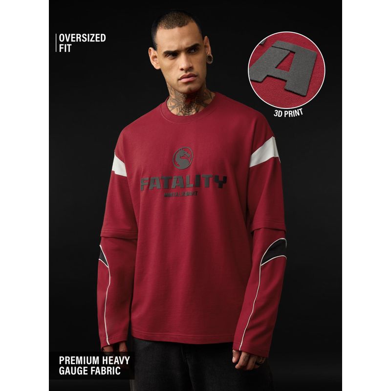 The Souled Store Burgundy Printed Casual Oversized Round Neck T-Shirt (M)