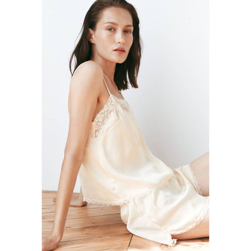 H&M Women Yellow Lace-Trimmed Satin Pyjamas (XS)