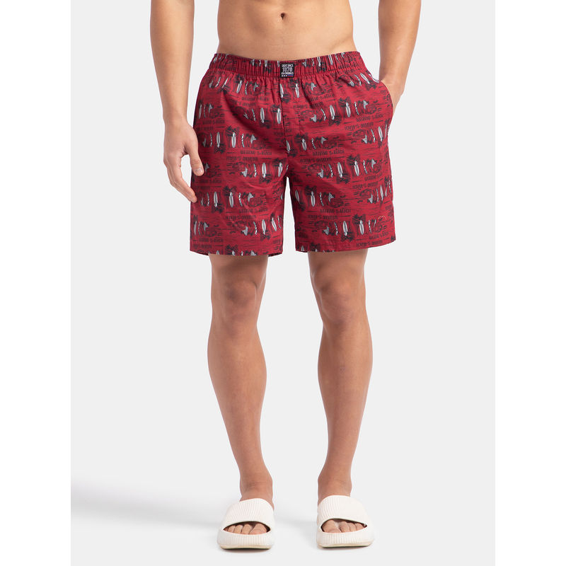 Jockey US57 Men Cotton Woven Printed Boxer Shorts - Karanda Red (L)