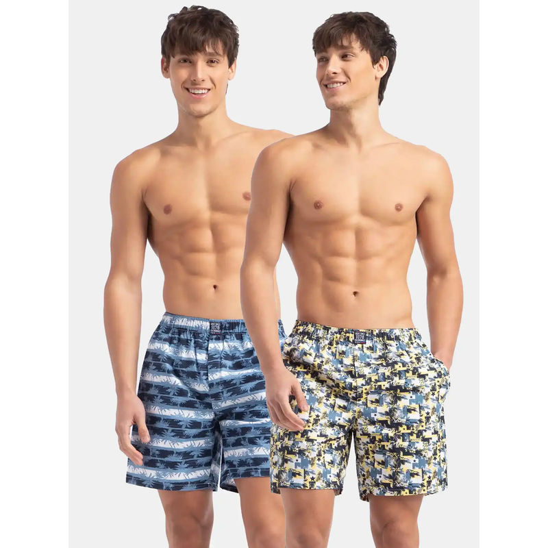 Jockey US57 Men Cotton Woven Printed Boxer Shorts - Blue Heaven & White (Pack of 2) (L)