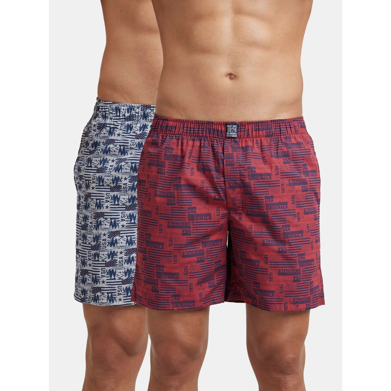 Jockey US57 Men Cotton Woven Printed Boxer Shorts - Nickel & Brickred (Pack of 2) (L)