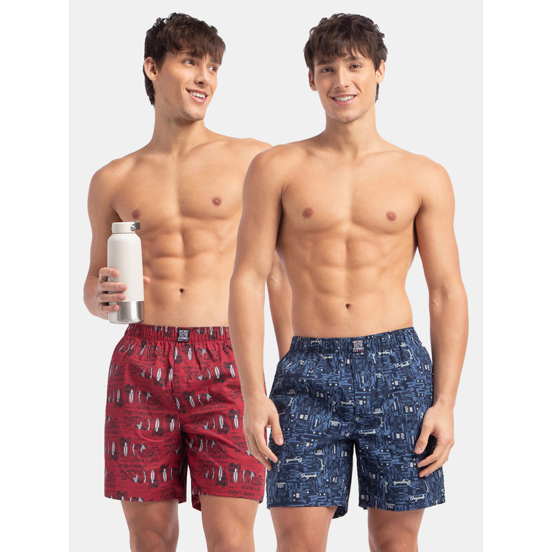 Jockey US57 Men Cotton Woven Printed Boxer Shorts - Navy & Karanda Red (Pack of 2) (L)
