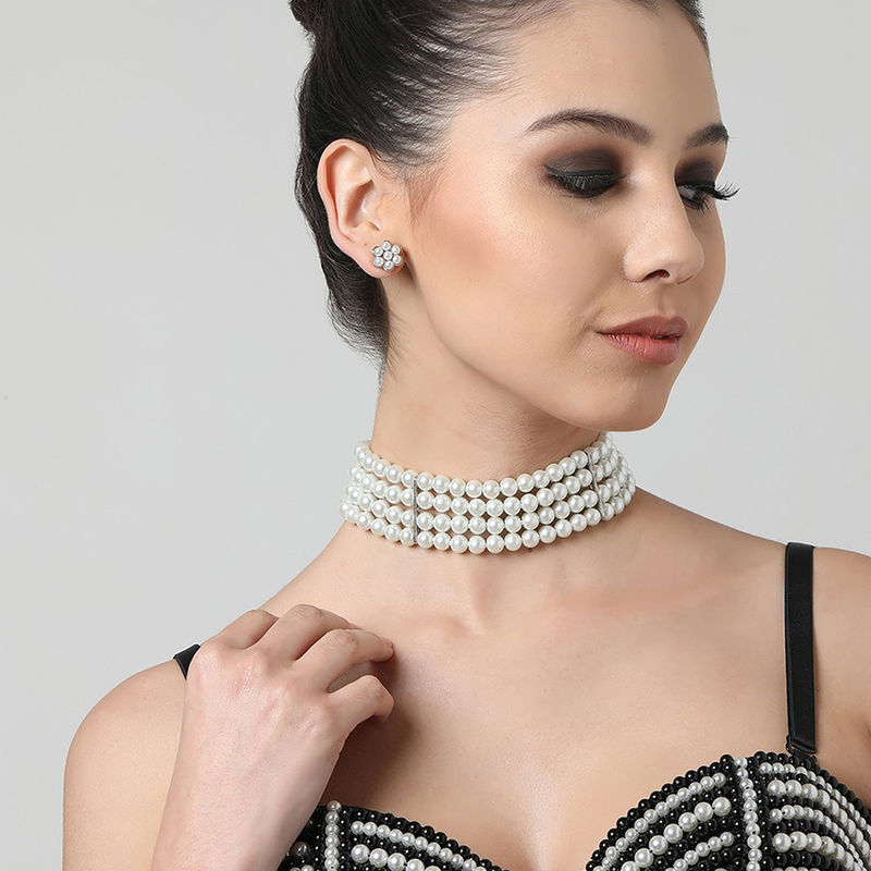 Buy Zaveri Pearls Silver Tone Multistrand Pearls Choker Necklace Earring Set ZPFK11056 Online