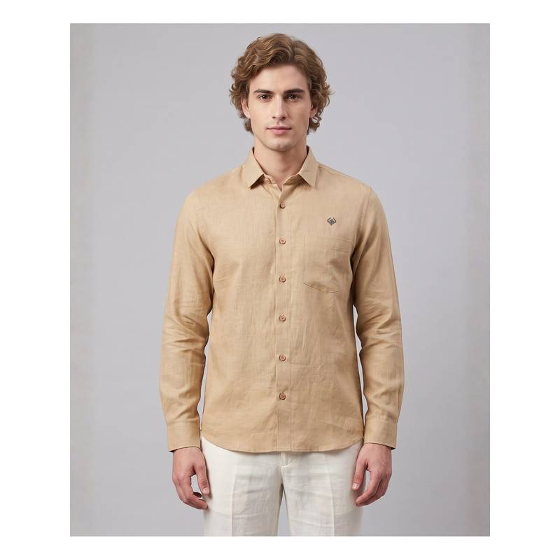 LINENWEAR Beige Solid Linen Regular Fit Shirt (S)