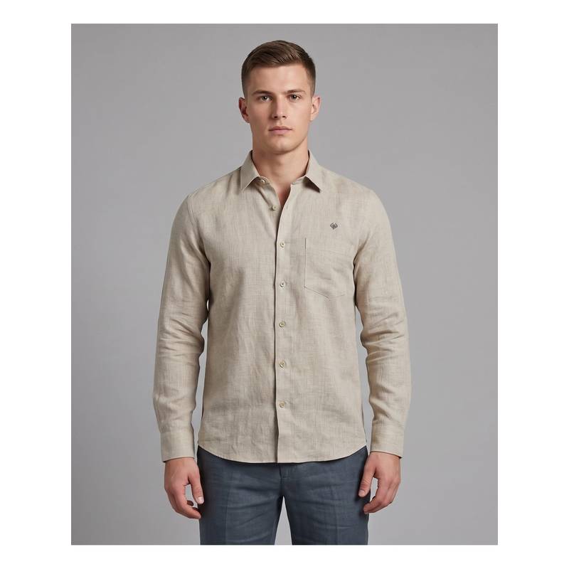 LINENWEAR Linen Beige Solid Casual Full Sleeve Shirt (S)