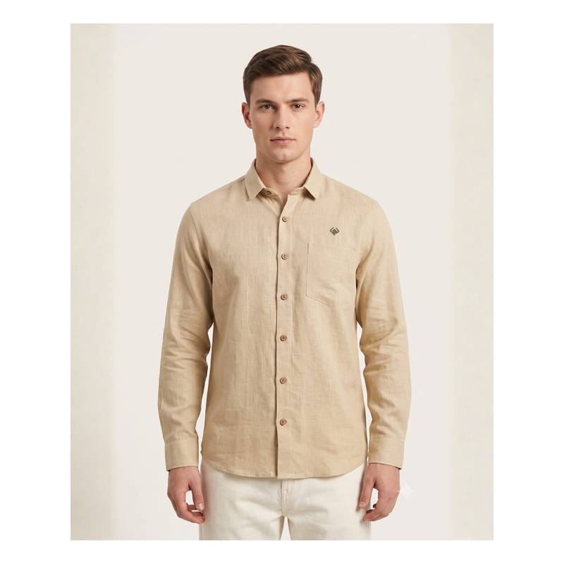 LINENWEAR Solid Cream Linen Regular Fit Full Sleeves Shirt (S)