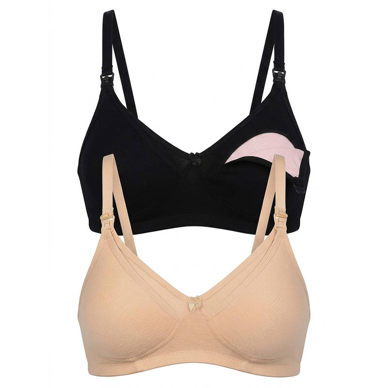 Mamma's Maternity Bamboo Fabric Soft Non-Padded Nursing Bra Black Cream (Pack of 2) (32B)