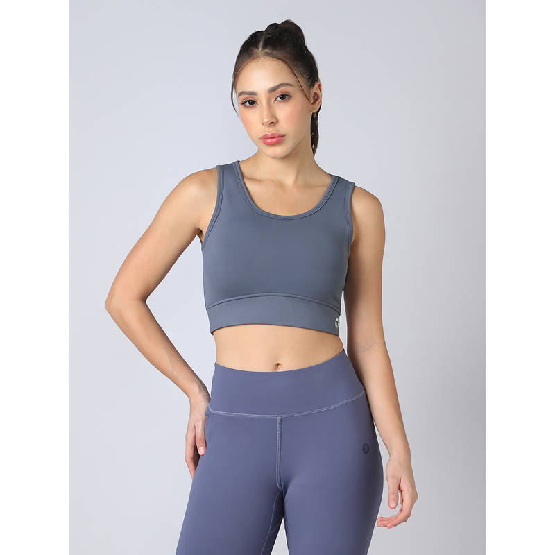 Technosport Women Slim Fit Scoop Neck Sports Bra With Elastic Plus Workout Support Grey (S)