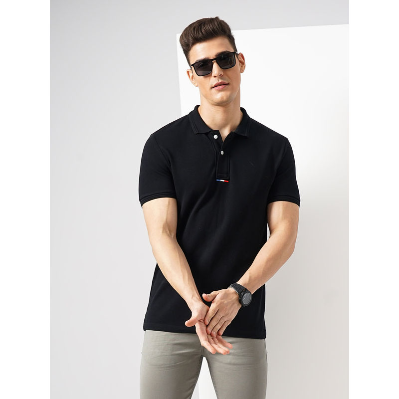 CELIO Men Black Solid Regular Fit Cotton Basic Polo T-shirts (S)