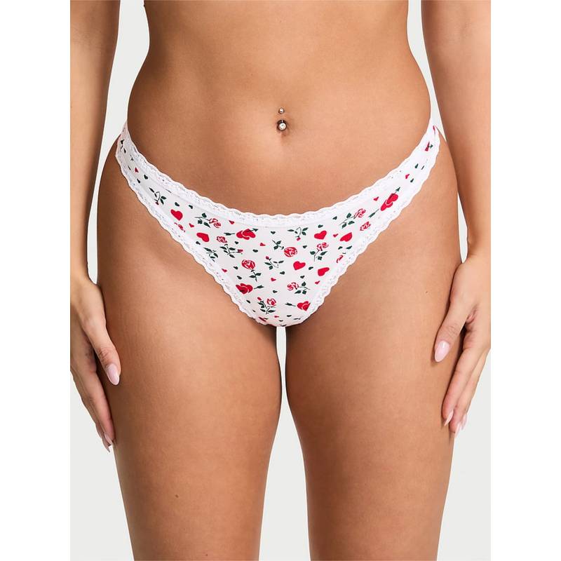 Victoria's Secret Lace Trim Cotton Lace-Waist Thong White (XS)