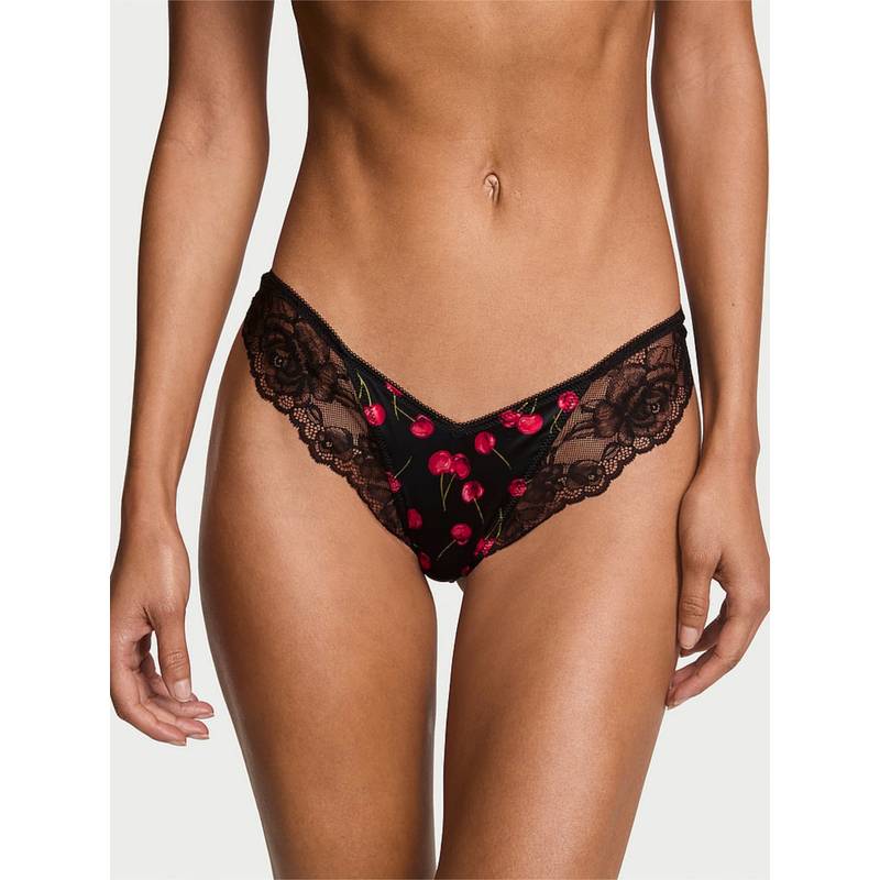 Victoria's Secret Very Sexy Rose Lace-Trim High-Leg Thong Panty Black (L)
