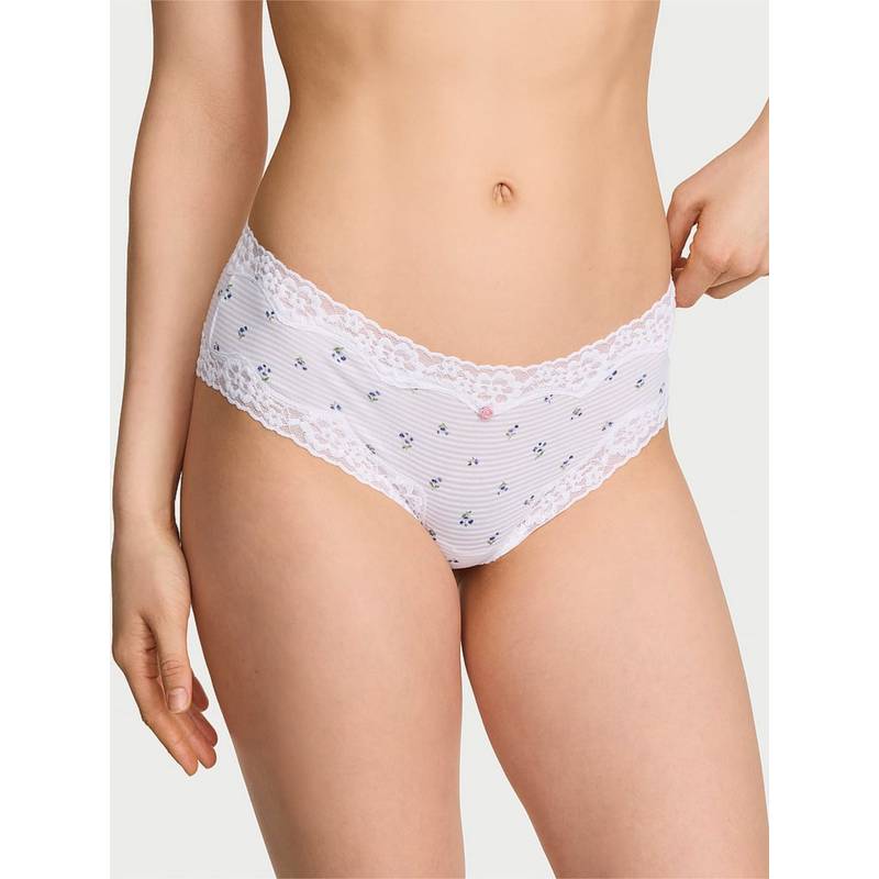 Victoria's Secret Lace Trim Cotton Shadow Stripe Lace-Waist Cheeky Panty White (XS)