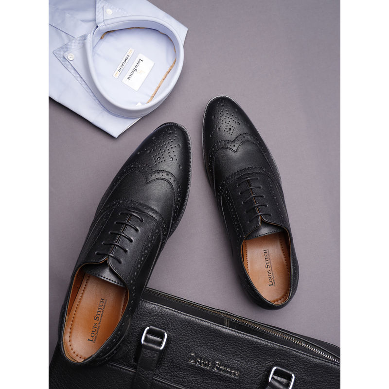 Louis Stitch Men Jet Black Formal Lace Up Brogue Shoes (UK 8)