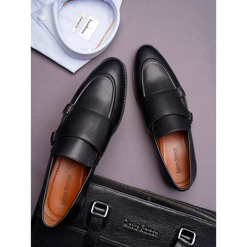 Louis Stitch Men Obsidian Black Leather Shoes Slip-on Style Comfortable Monks (UK 6)