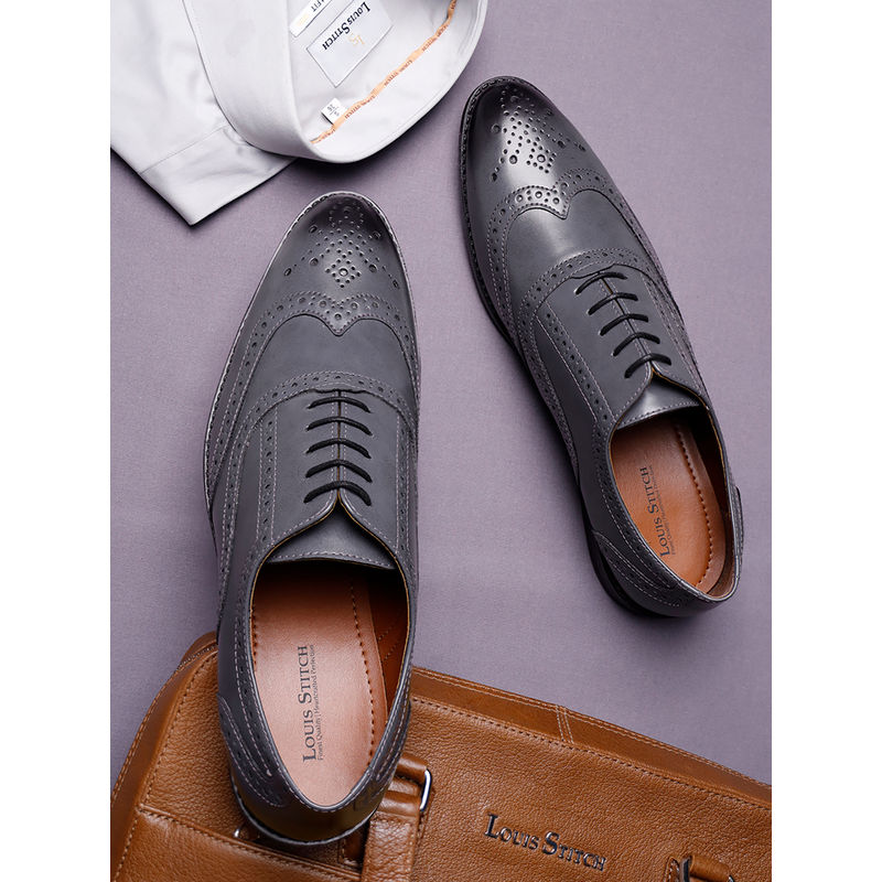 Louis Stitch Men Ash Grey Formal Lace Up Brogue Shoes (UK 6)