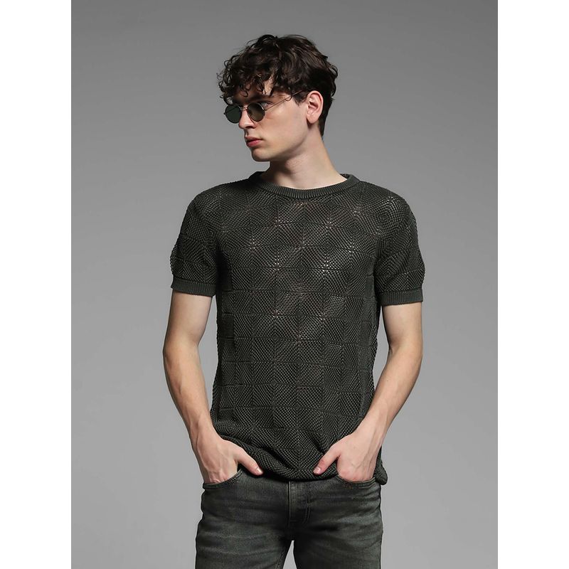 Jack & Jones Green Self Design Regular Fit T-Shirt (S)