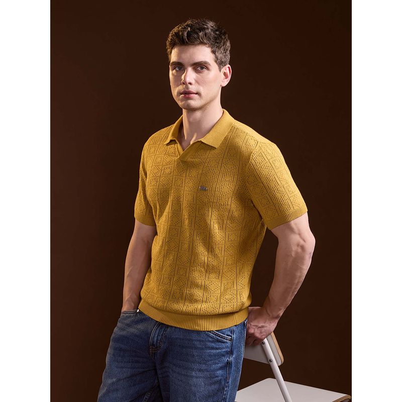 THE BEAR HOUSE Mustard Self Design Slim Fit Polo T-Shirt (S)