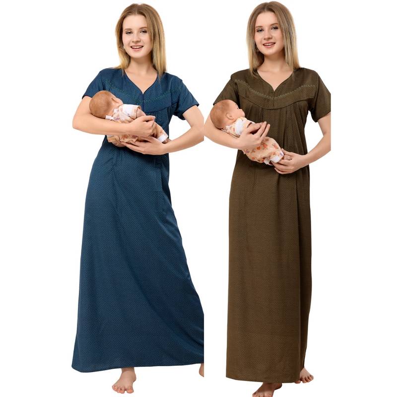PIU Womens Cotton Pleated Feeding Nighty Multi-Color (Pack of 2) (M)