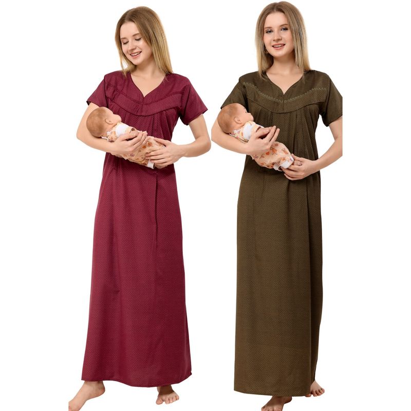 PIU Womens Cotton Pleated Feeding Nighty Multi-Color (Pack of 2) (M)