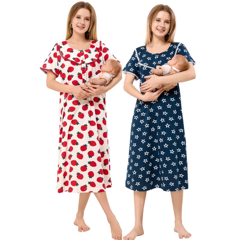 PIU Womens Knitted Cotton Maternity Nighty Multi-Color (Pack of 2) (M)