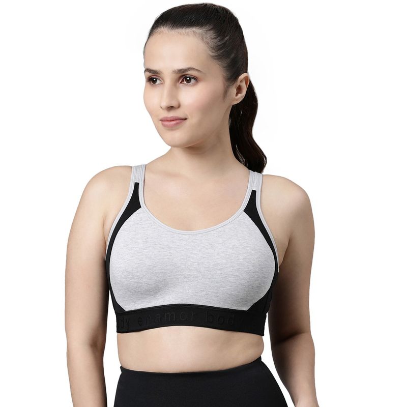 Enamor SB28-Non Padded Wirefree High Coverage Antimicrobial Side Shaper Sports Bra-Grey (S)