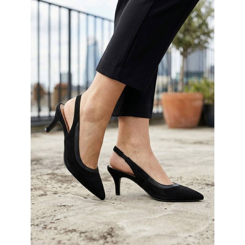 Carlton London Women Pointed Toe Suede Slingback Kitten Sandal Heels - Black (EURO 36)