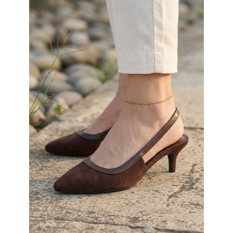 Carlton London Women Pointed Toe Suede Slingback Kitten Sandal Heels - Brown (EURO 40)